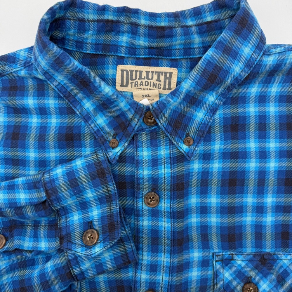 Duluth Trading Co Button Down Shirt Mens 2XL Blue Plaid Cotton Blend Workwear